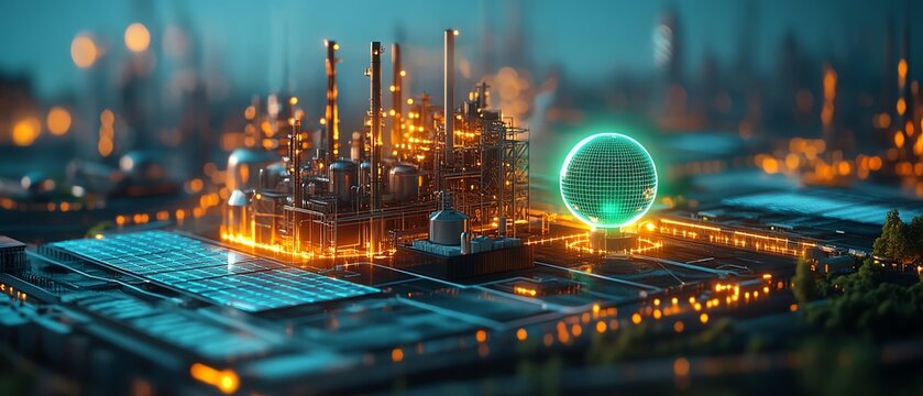 A futuristic factory powered by green energy, surrounded by solar panels and wind turbines, with a glowing green globe symbolizing the shift to renewable, clean energy