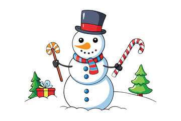A cheerful cartoon snowman with a carrot nose and a top hat