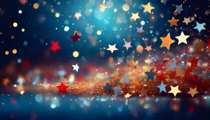 Festive holiday atmosphere with colorful stars cascading over a shimmering glitter backdrop