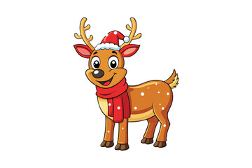 A festive cartoon reindeer with a red scarf and Santa hat