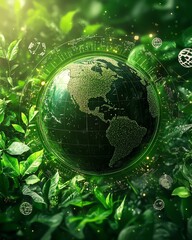 A green globe surrounded by ESG, CO2, and sustainability icons, illustrating the integration of environmental, social, and governance factors for a netzero business future
