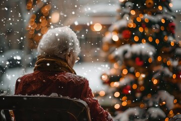 Back view of lonely old woman sitting by her selves at nursing home, Christmas time. Christmas Eve...