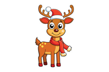 A festive cartoon reindeer with a red scarf and Santa hat
