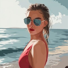 Vector fashion portrait of a young woman in a red swimsuit and sunglasses standing against the sea, looking at the camera