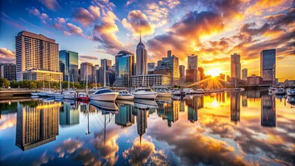 Obraz premium A vibrant cityscape bathed in the golden hues of a spectacular sunrise, with a fleet of boats reflecting the majestic skyline in the calm waters.