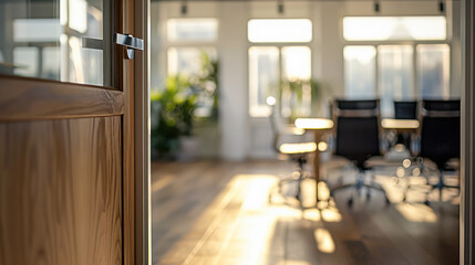 Opened office door with blurred office meeting room background.
