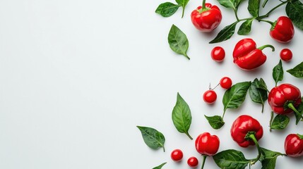 Vibrant Red Peppers and Cherry Tomatoes with Lush Green Leaves on White Background Culinary Photography