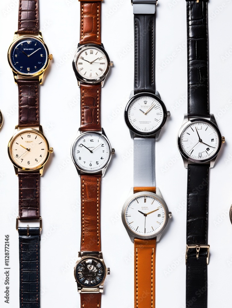 Poster various wristwatches are displayed in a row, highlighting their unique designs and styles against a 