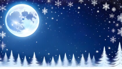 Naklejka premium Tranquil winter scene, snow softly descending onto fir trees under the luminous full moon on a cold night