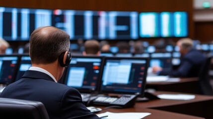 Fototapeta premium A focused professional operating multiple screens in a modern office environment, emphasizing concentration and technology.