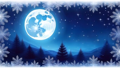 Winter wonderland scenery with full moon, stars, snowy hills and fir trees, framed by decorative snowflakes, creating a magical christmas atmosphere