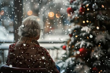 Naklejka premium Back view of lonely old woman sitting by her selves at nursing home, Christmas time. Christmas Eve snowfall, New Year's background outside. MZ