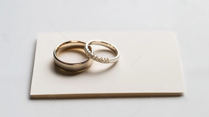 Wedding rings on wedding card on a white background