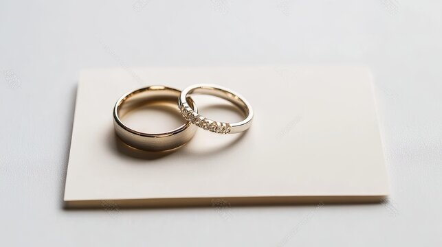 Wedding rings on wedding card on a white background