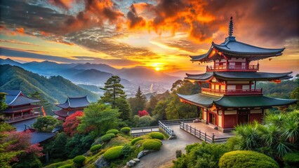 Fototapeta premium Captivating Shinto Shrines against a Majestic Sky in Japan's Serene Landscape, Showcasing Nature's Harmony with Cultural Heritage and Tranquil Atmospheres