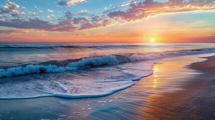 Fototapeta premium High-end photography of a serene beach at sunset, with waves gently lapping the shore and the sky ablaze with colors