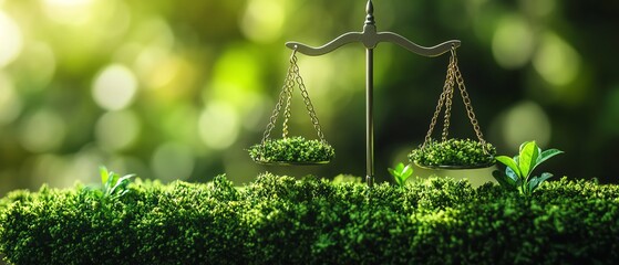 A symbolic scale icon in front of a green ecosystem, depicting the balance between industrial growth and environmental regulation for a sustainable corporate future