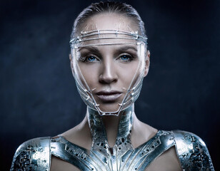 Abstract Portrait of Cyborg Woman with Metallic Elements