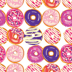 Fototapeta premium A seamless pattern of donuts with various pink purple and violet toppings on a white background, perfect for cake decorating supply designs. Donuts creates a delicious and visually appealing dessert