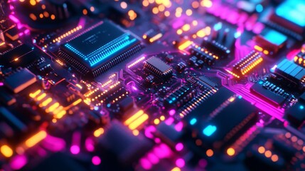Obraz premium Close-up of a circuit board with glowing neon lights