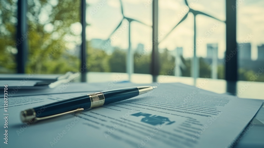 Poster documents related to sustainable finance are spread on a table with a pen resting nearby.