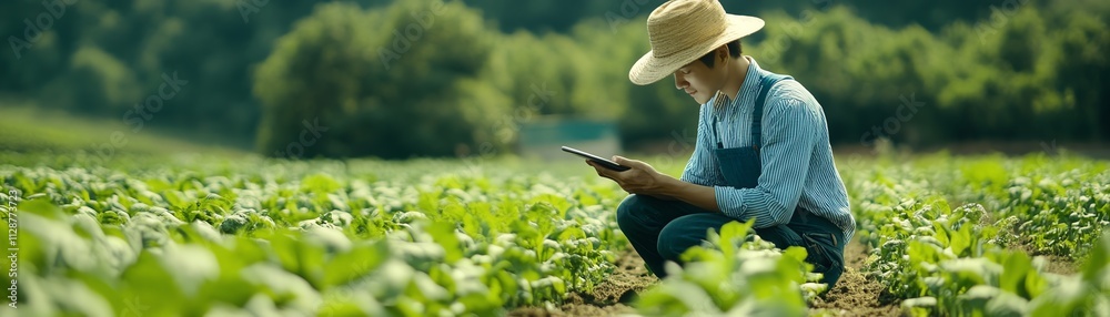 Aufkleber A smart farm where a farmer analyzes realtime data on a tablet, using AI to monitor and control automated systems for sustainable and efficient agricultural practices