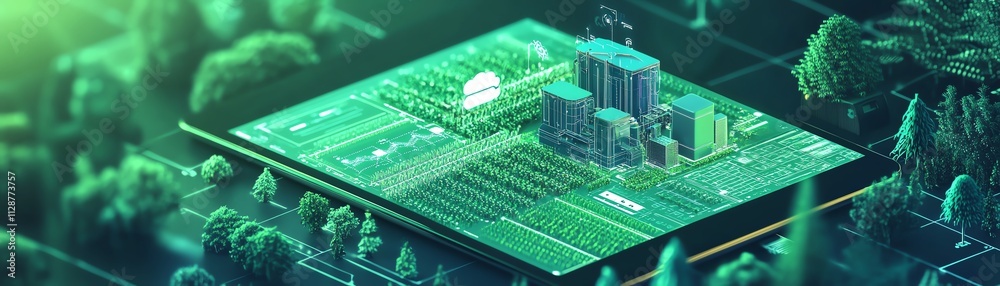 Poster A smart farm where a farmer analyzes realtime data on a tablet, using AI to monitor and control automated systems for sustainable and efficient agricultural practices