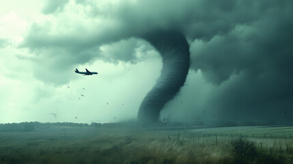 A colossal tornado twisting through fields as a plane flies overhead.