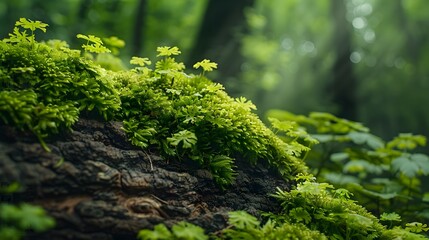 Fototapeta premium Macro Photography of Green Moss and Lichen, Highlighting Detailed Flora in a Wet Outdoor Environment