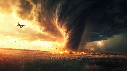 A colossal tornado twisting through fields as a plane flies overhead.