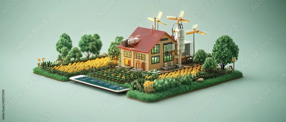 Poster A smart farm where a farmer uses AI applications on a tablet to control automated systems, monitor soil conditions, and enhance crop growth with modern agricultural innovation