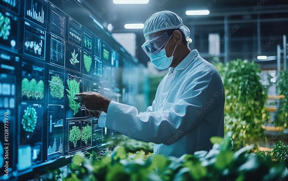 Leinwandbilder A smart farm with a farmer using applications to analyze data and automate processes, employing AI technology to optimize crop health and plantation productivity