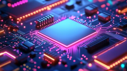 Obraz premium Close-up of a glowing computer chip on a circuit board