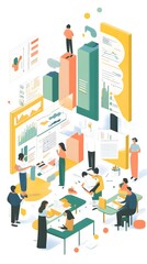 A flat vector illustration of several people working together on an advertising project, with documents and charts spread out around them