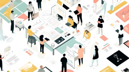 Fototapeta premium A flat vector illustration of several people working together on an advertising project, with documents and charts spread out around them