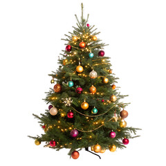 Christmas tree decorated with ornaments and festive lights isolated on white background
