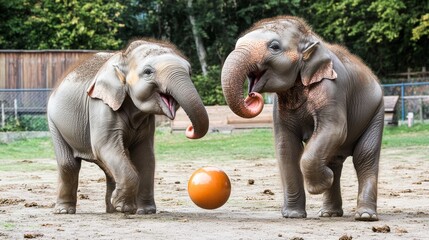 Two funny elephants playing with ball