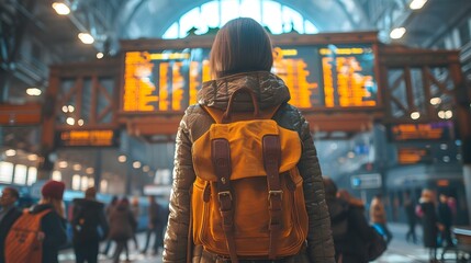 Fototapeta premium Backpack Ready: Woman Tourist Looking to Board at the Railway Station
