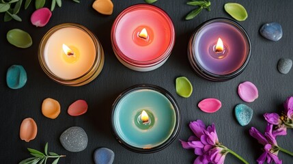 Colorful spa candles top view