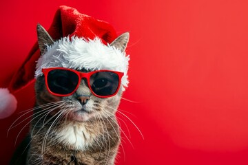 Merry Christmas concept holiday vacation winter animal pet greeting card - Cool santa claus cat with sunglasses and santa hat, isolated on red background. MZ