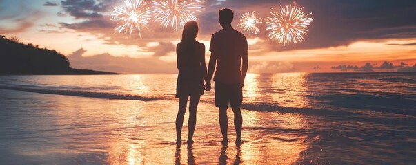 Couple Admiring Fireworks Display Over Serene Coastal Sunset