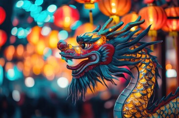 Fototapeta premium A colorful dragon is flying in the air, surrounded by red lanterns and blurred crowds on both sides of it at night