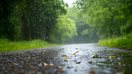 Fototapeta premium A countryside road with summer heat on one side and spring rain on the other.