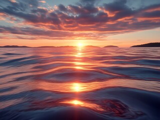 Fototapeta premium Sunset Over Calm Ocean Water Islands In Distance