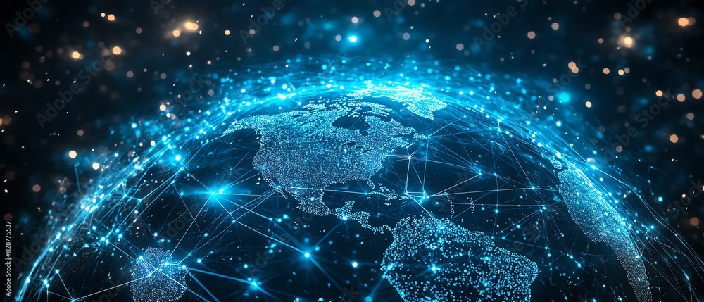 Poster a businessman using global internet connections for finance and banking, analyzing big data through 