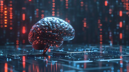A futuristic, glowing digital brain with glowing red and blue lights on a dark background.