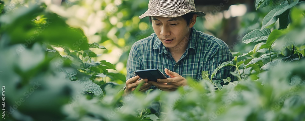 Poster A farmer using a mobile application for data analysis, monitoring smart farming systems, and automating agricultural processes with AIdriven technology for plantation management