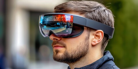 Man using Augmented Reality Glasses Holographic Interface Future Technology