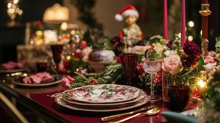 Christmas tablescape decoration, formal family dinner holiday celebration, luxury table setting decor, English country and home style idea