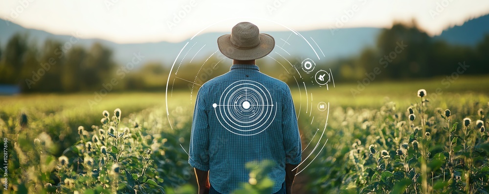 Poster A farmer using AIpowered technology on a tablet to analyze data, monitor crops, and control automated systems in a smart farming network for modern agricultural innovation